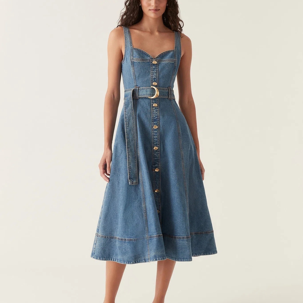 Aje Clay Blue Denim Midi Dress with Belt